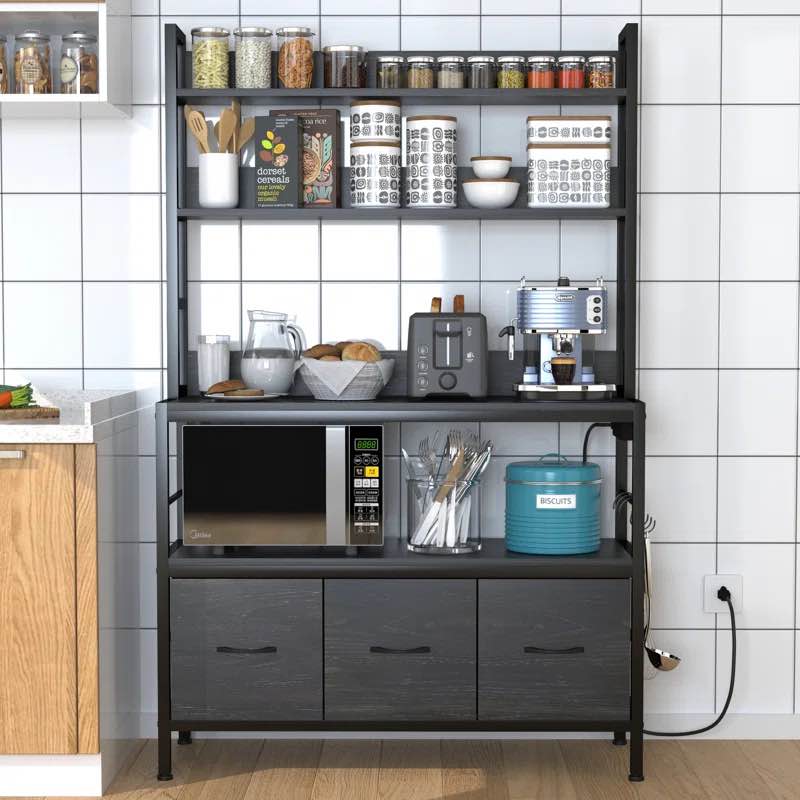 39.37'' Steel Standard Baker's Rack With Power Outlets black Overall 62.2'' H X 39.37'' W X 13.39'' D Shelf 16.14'' H X 37'' W X 12.8'' D Basket 12'' H X 12'' W Distance Between Shelves 13'' H Overall Product Weight 51 lb.