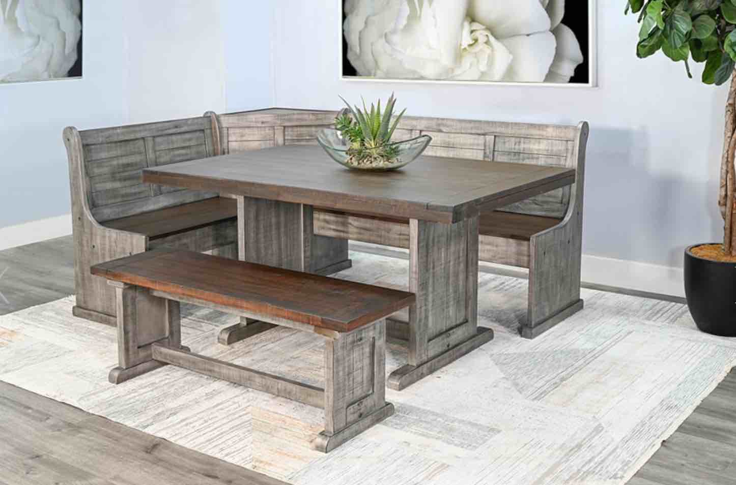 ( incomplete) Hendrickson Long Breakfast Nook Dining Bench gray Nook Trestle Table: 60" W x 38" D x 30" H Nook Wood Seat Side Bench: 48" W x 15" D x 18" H Nook Short Bench w Corner Seat: 37" W x 20" D x 36" H Nook Long Bench w Corner Back: 56" W x 20" D x 36" H