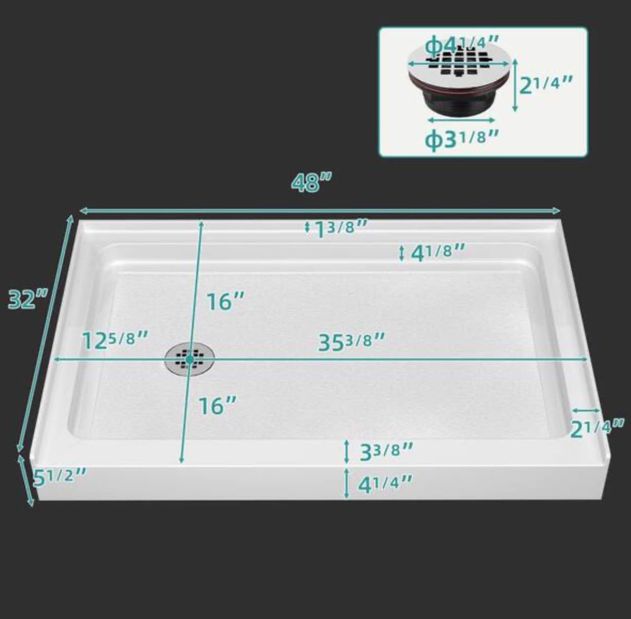 GETPRO 32" D X 48" W  Acrylic Single Threshold White Shower Base with Left Drain