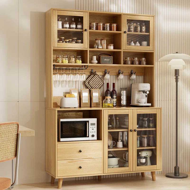 ( incomplete, box 1 of 2 ) kitchen pantry with glass door and microwave shelf  natural wood Overall 72.5'' H X 47.3'' W X 15.8'' D Shelf 28.3'' W X 47.3'' H X 15.7'' D Cabinet Interior 25.2'' H X 28.3'' W Overall Product Weight 140 lb.