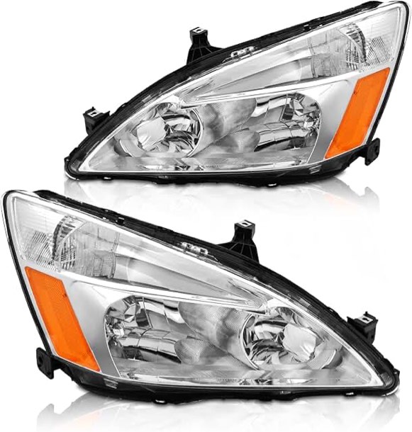 AXLAHA for 2003-2007 Honda Accord Headlights Assembly compatible with 2003 2004 2005 2006 2007 Honda Accord 2/4dr Chrome Housing Amber Reflector Clear Lens Replacement Driver and Passenger Side