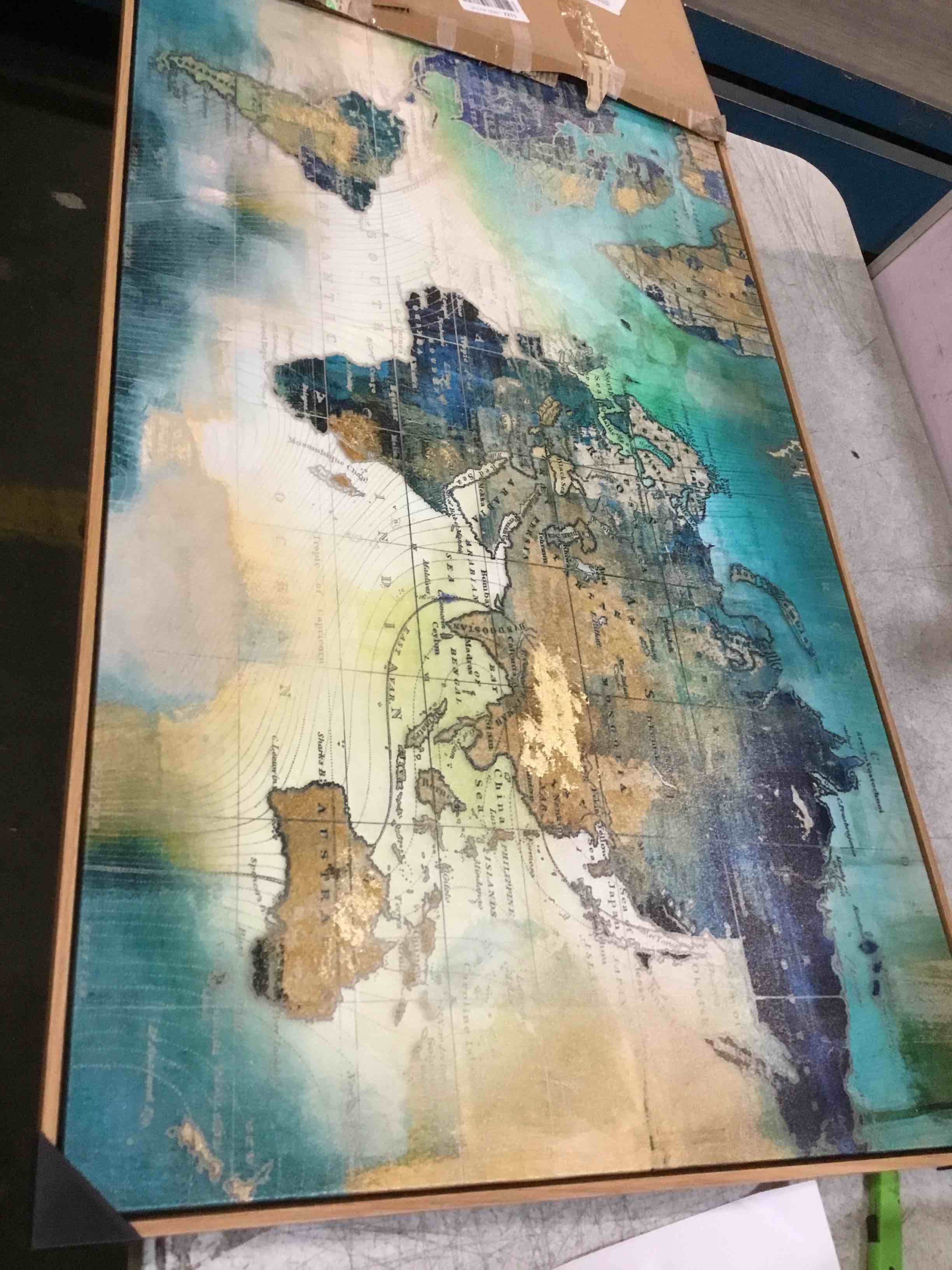 Condition photo showing Good Condition for Large World Map Canvas Prints Framed Wall Art for Living Room Office 24x48 Green World Map Picture Artwork Decor for Home Decoration(With Soild Wood Dark Framed)