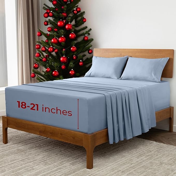 Mellanni Extra Deep King Sheets - 4 PC Iconic Collection Bedding Sheets & Pillowcases - Hotel Luxury, Ultra Soft, Cooling Bed Sheets - for Women, Men, Kids & Teens (King, Blue Hydrangea)