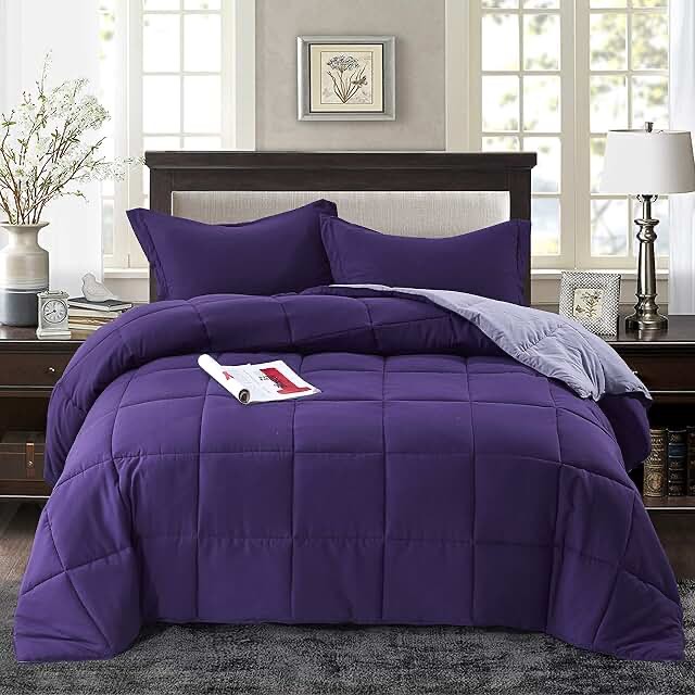 downluxe Queen Comforter Set - Purple and Gray  Queen Comforter - Soft Bedding Sets for All Seasons - 3 Pieces - 1 Comforter (88"x92") and 2 Pillow Shams (20"x26")