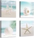 Beach Starfish Picture Wall Art: Seashell on Sand Artwork Painting Print on Canvas for Bedroom (16" W x 16" H x 4 PCS,Multi-Sized)