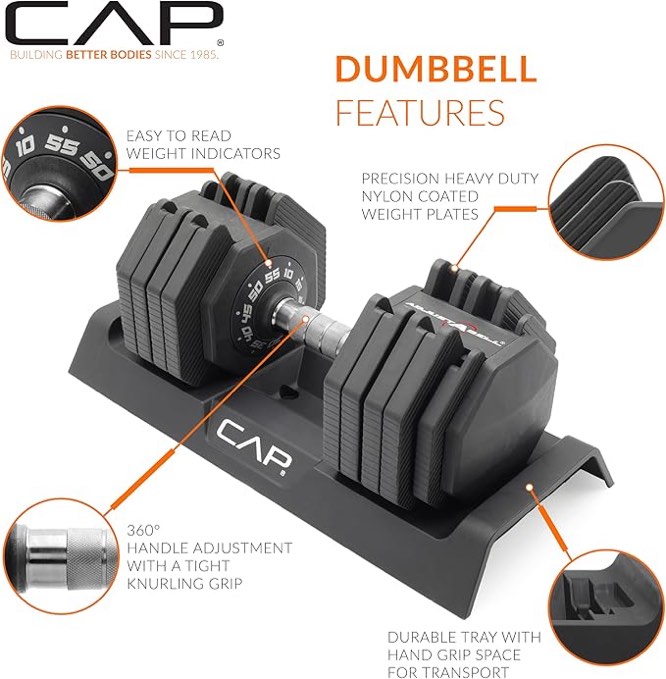 CAP Barbell ADJUSTABELL Adjustable 55 lb Hex Dumbbell Weights - Singles & Pairs | Multiple Handle Options