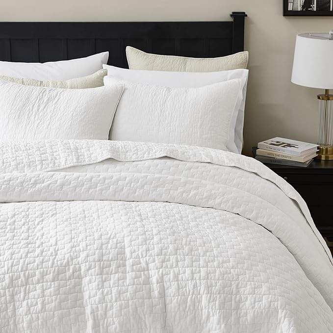 palassio White 100% Cotton Quilt Queen Size Bedding Sets with 2 Pillow Shams, Textured Lightweight Soft Bedspread Shabby Chic Coverlet, Quilted Comforter Bed Cover for All Season, 3 Pieces