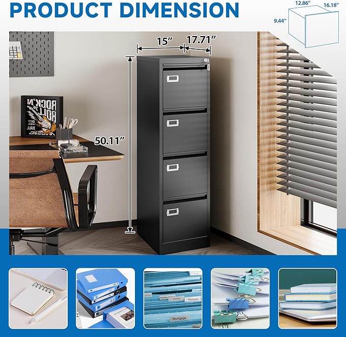 4 Drawer File Cabinet with Lock Metal Vertical File Cabinet Office Home Vertical File Cabinet for A4 Legal/Letter Size Narrow File Cabinet Locked,Assembly Required (Black, 4 Drawers- Vertical)
