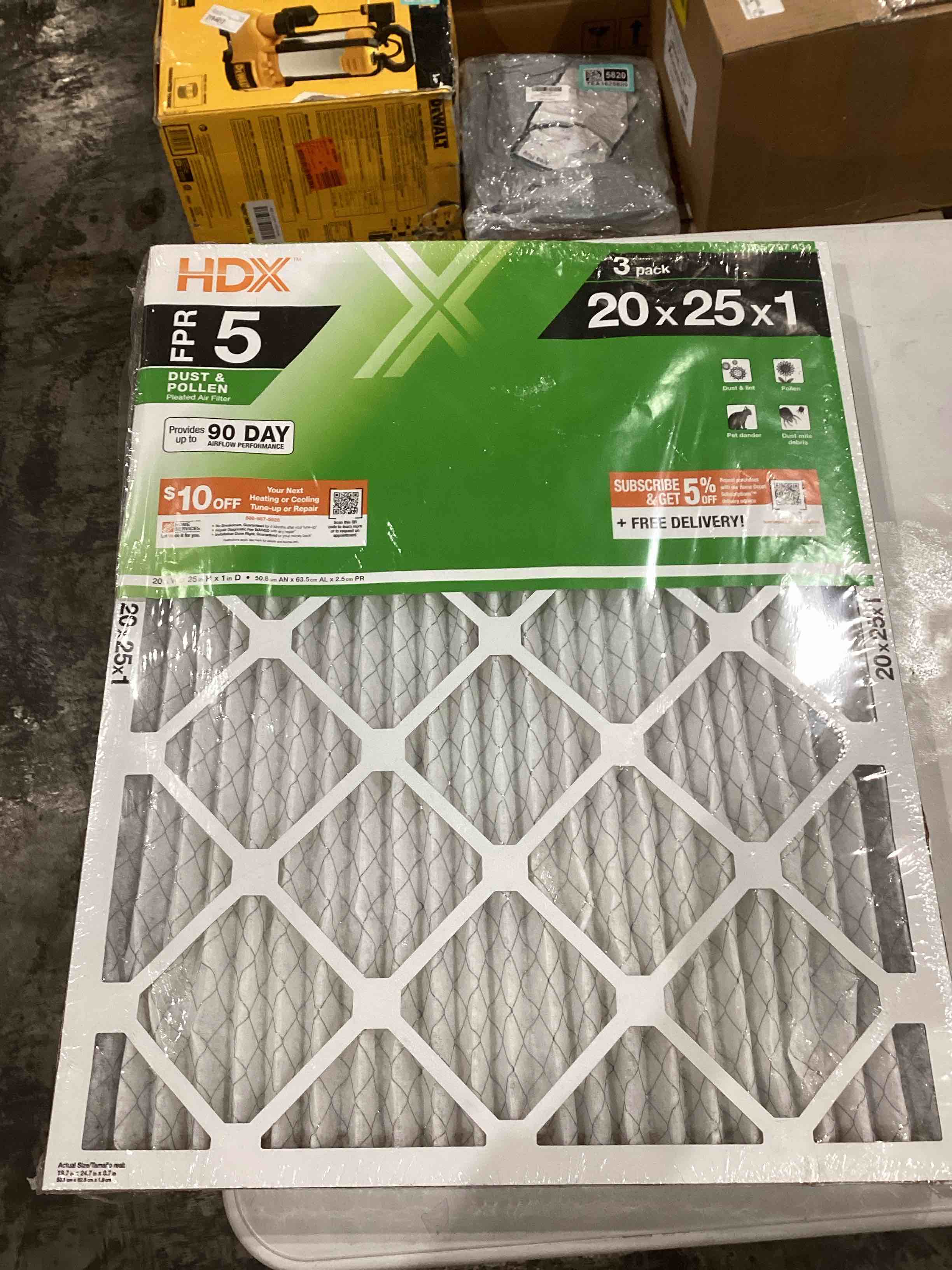 3-pack of HDX 20x25x1 Standard Pleated Air Filters, FPR 5. It is designed to filter dust and pollen. The Filter Performance Rating (FPR) is 5, and it has a MERV 8 rating. It is recommended to replace the filter every 90 days. It can capture particles such as dust mites, pollen, and pet dander. The pleated design provides a larger surface area for capturing contaminants. It is compatible with various HVAC systems.