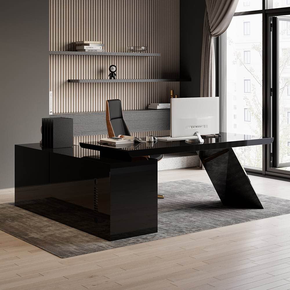 Modern Black L-Shape Executive Desk with Drawers & Cabinet Right Hand (70.9")
