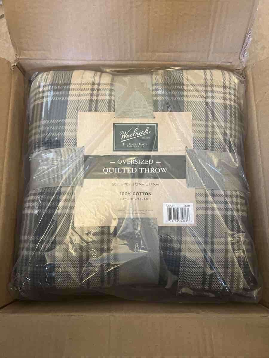 Woolrich Oversized Quilted Throw Tasha Taupe 100% Cotton Cabin Life Plaid
