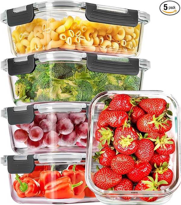 CEKEE Glass Meal Prep Containers with Lids, 5 Pack 36 OZ Glass Food Storage Containers, Airtight Glass Lunch Containers Set, Salad Container for Microwave, Oven, Freezer & Dishwasher Safe