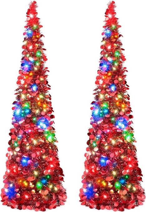 (GREEN/YELLOW) Leyndo 2 Pcs 5 ft Pop up Valentine's Day Tree with LED Light Pre Lit Artificial Collapsible Christmas Tree Pencil Sequin Tinsel Skinny Xmas Decoration for Indoor Home Fireplace