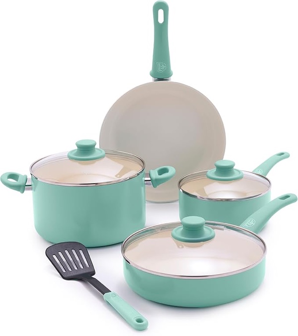 GreenLife Soft Grip 8 Piece Cookware Set, Non-Toxic PFAS-Free Ceramic Nonstick, Frying, Sauce, Sauté, Utensils, Glass Lids, Stay-Cool Handles, Wobble Free, Dishwasher & Oven Safe, Turquoise