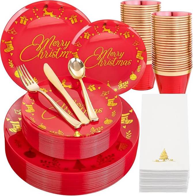 Ciaell 175 Pieces Christmas Plastic Plates - Red and Gold Plastic Plates include 25Dinner Plates, 25Dessert Plates, 25Knives, 25Forks, 25Spoons, 25cups, 25 Christmas Napkins for Christmas Party
