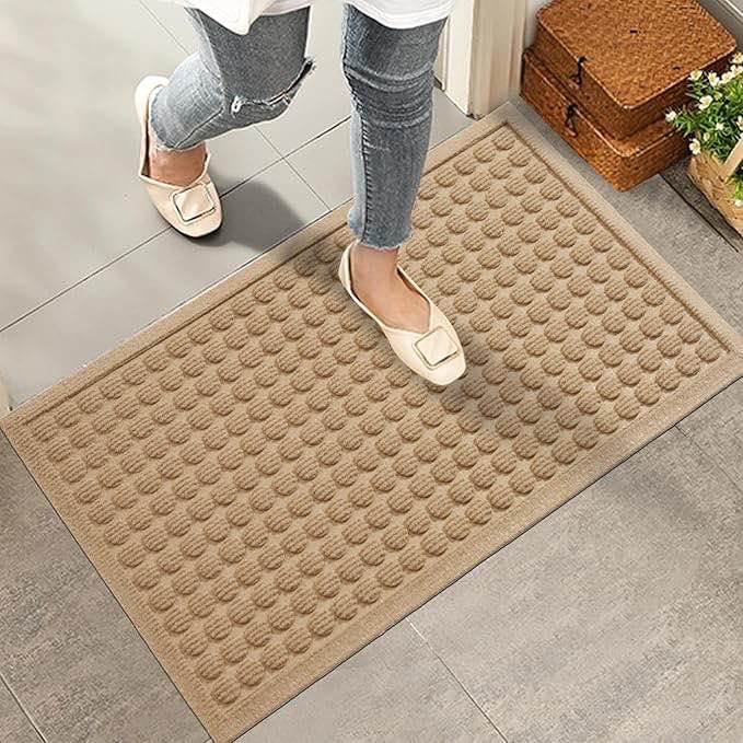 Front Door Mat, Heavy Duty Welcome Door Mat Indoor Outdoor, Absorbent Doormat, Sturdy Non Slip Rubber, Stain and Fade Resistant, Low Profile Entry Mat for Outdoor Entrance, Beige 36” X 24” 