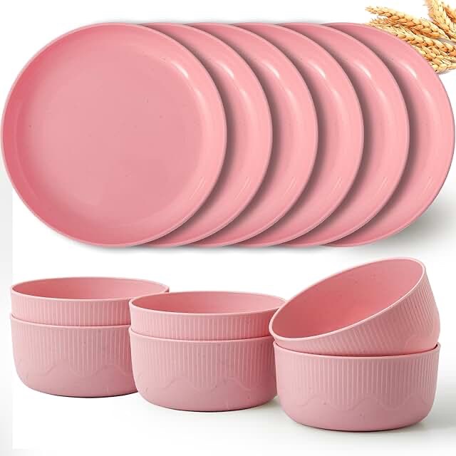 Wheat Straw Plates and Bowls Set, 12PCS Reusable Plastic Dinnerware Set, Microwave and Dishwasher Safe, Unbreakable Dish Set for RV, Camping, Picnic, Dorm - Pink