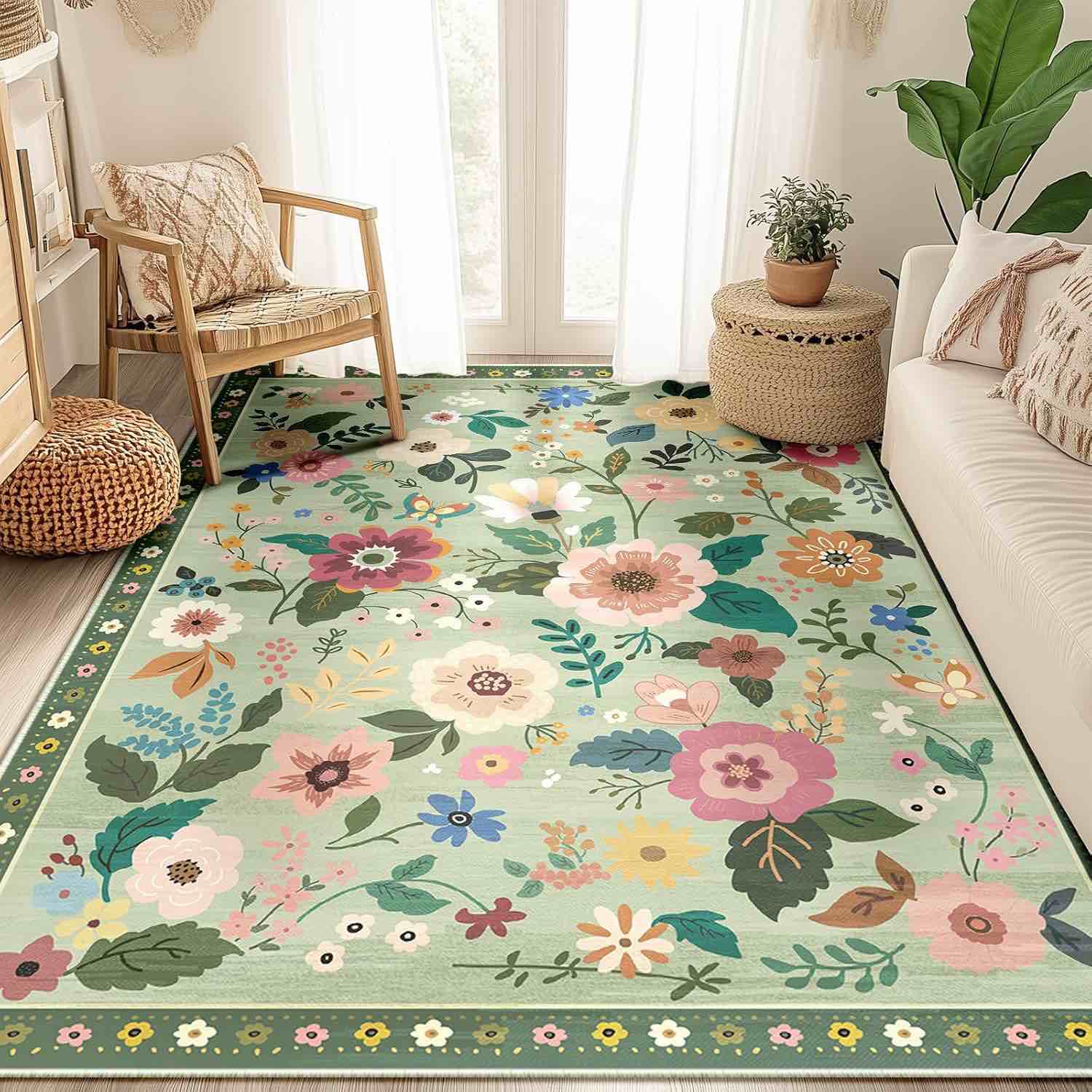 Floral 5x7 Area Rug Machine Washable Boho Carpet Non Slip Doormat Low Pile Flower Area Rugs for Living Room Bedroom Kitchen Dining Room Hallway Entryway Indoor-Light Green