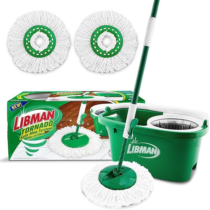 Libman Tornado Spin Mop System Plus 2 Refill Heads | Mop and Bucket with Wringer Set | Floor Mop | Spin Mop | Libman Mop | Mops for Floor Cleaning | Hardwood Floor Mop | 3 Total Mop Heads Included