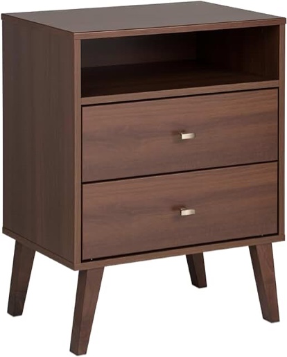 Aviannah Midcentury Modern 2 - Drawer Nightstand with Built-In Outlets,Rubber Wood Legs,Open Shelf
