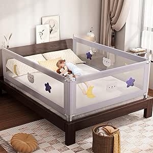 omzer Bed Rail for Toddlers - Baby Bed Guard Rail with Double Child Lock, Safety Bedrail for Children Kids with Pattern, Infants Height Adjustment Guardrail for Full Queen King Size - 1 Pack, 74.8”
