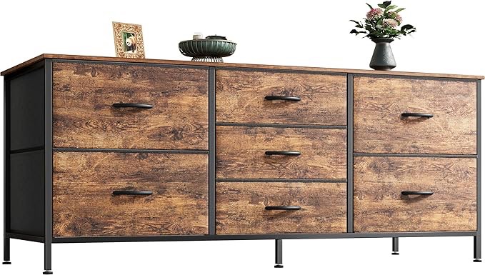 Huuger Dresser with 7 Fabric Drawers, 47 Inch Dresser TV Stand for 43, 50, 55 Inch TV, Wide Dresser Chest of Drawers, Metal Frame, Storage Dresser for Bedroom, Nursery, Clothing, Rustic Brown