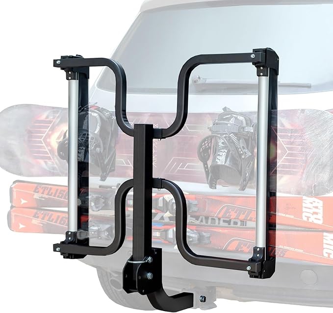 Leader Accessories Folding Hitch Mounted Ski & Snowboard Rack, Adjustable Snowboard Roof Racks Hold 4 Snowboard or 6 Skis with Anti-Theft Lock, Fits 2" Receiver and Most Cross Bars
