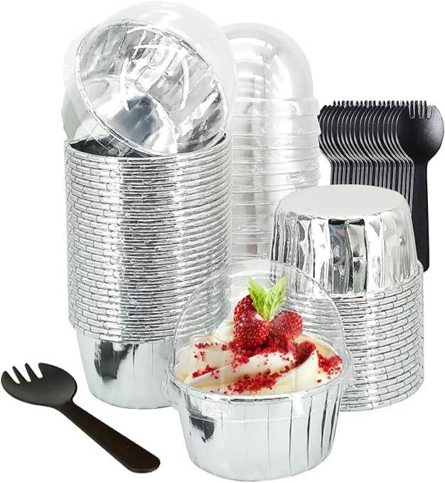 Aluminum Cupcake Liners with Dome Lids 50 Pack,Free-Air 5oz Foil Baking Cups Muffin Tins,Disposable Ramekins Jumbo Muffin Liners for Wedding Birthday Party,with 50 Spoons-Gold