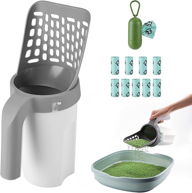 Cat Litter Scooper with Holder, Cat Litter Shovel with Waste Can and Refill 135 Bags(9 Boxes of 15 Bags), Large Capacity Cat Scooper Portable Litter Shovel, Cat Litter Sifter Scoop System with Bags