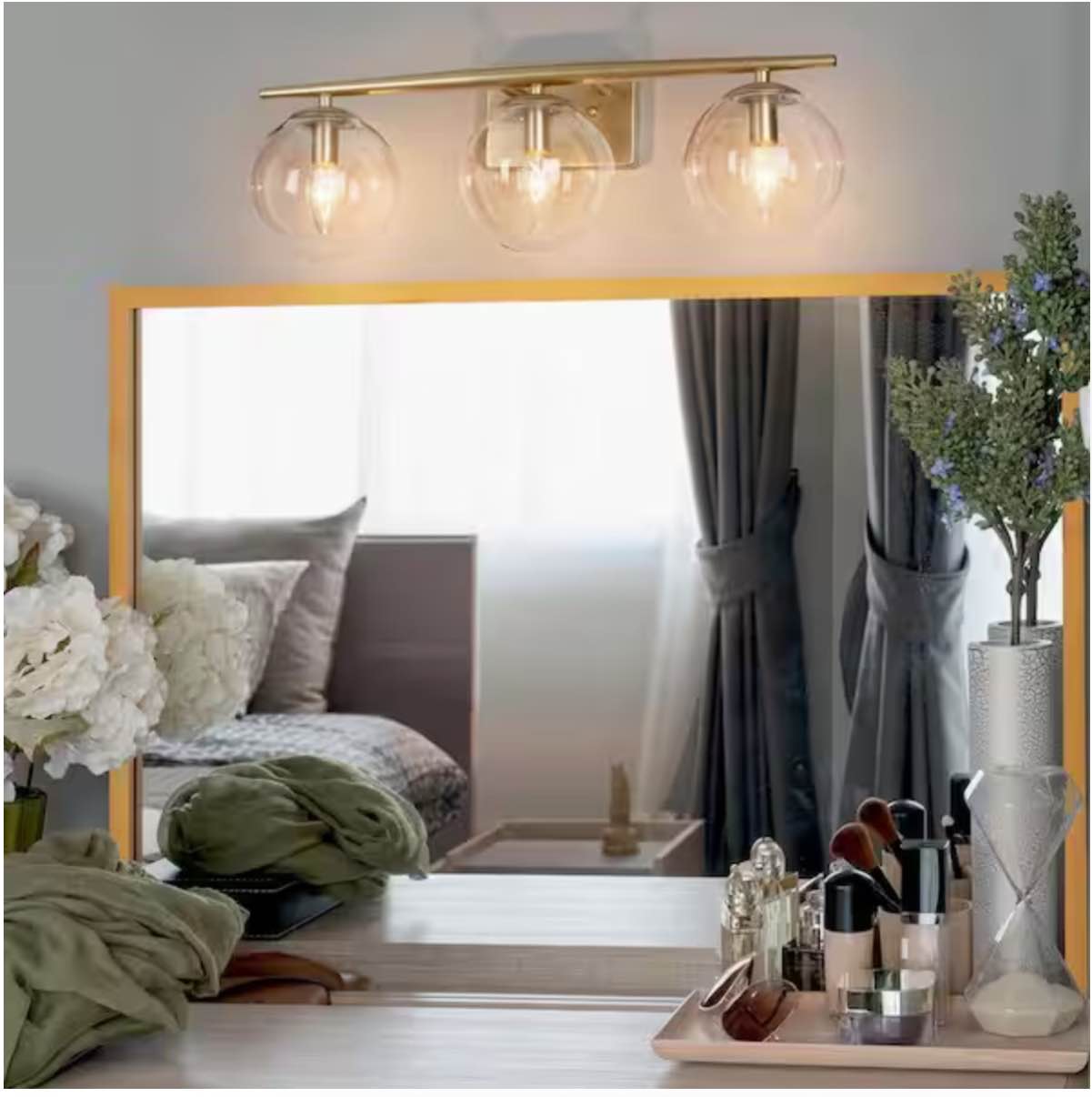 Modern Gold Bathroom Vanity Light, 3-Light Farmhouse Brass Wall Sconce with Clear Globe Glass Shades