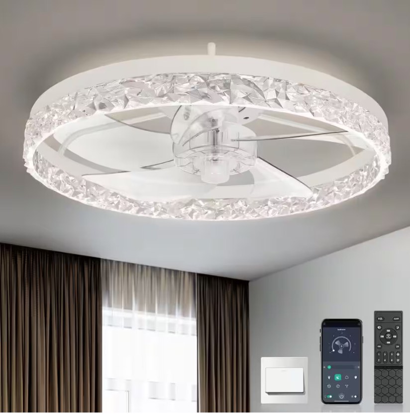 20 in. Indoor White Crystal Ceiling Fan with Light and Remote, Flush Mount LED Ceiling Fan, Dimmable for Bedroom