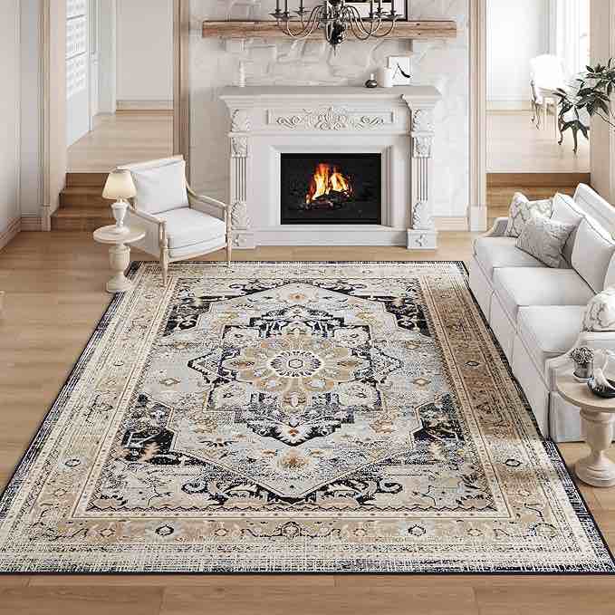 VK VK·LIVING Washable Area Rug, 4x6 Area Rug for Living Room, Boho Soft Area Rugs, Vintage Design with Non-Slip Backing for Living Room, Bedroom, Home Decor Area Rug Light  4' x 6'