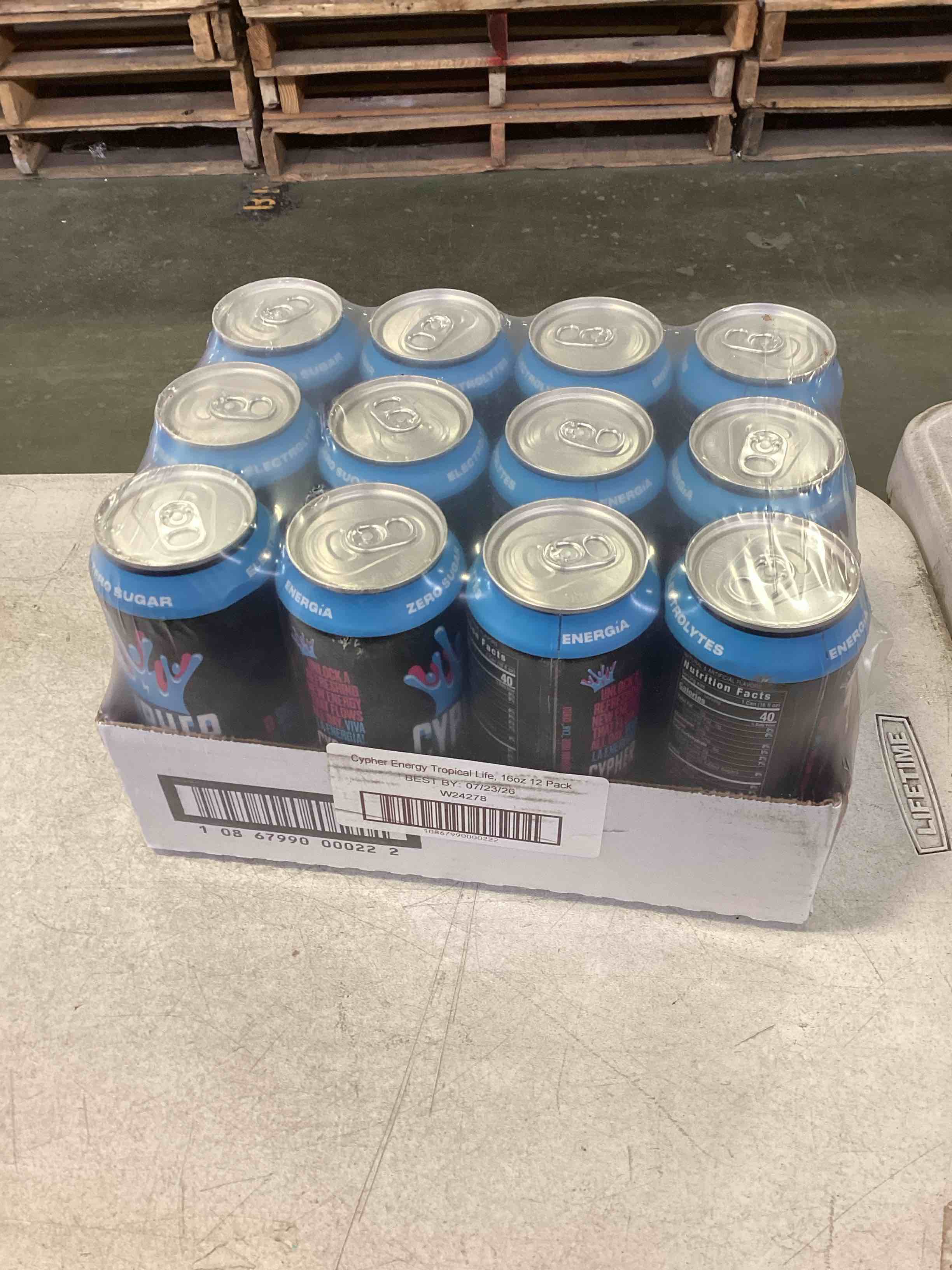 Condition photo showing New/Like New for (Best By: 07/23/26) Cypher Sugar Free Energy Drink, Tropical Life – Non-Carbonated & Low Calorie Juice Energy Drink for Lasting Stamina & Focus with 260mg Caffeine, 3g Whey Protein, & 5 Amino Acids (12) 16oz Cans