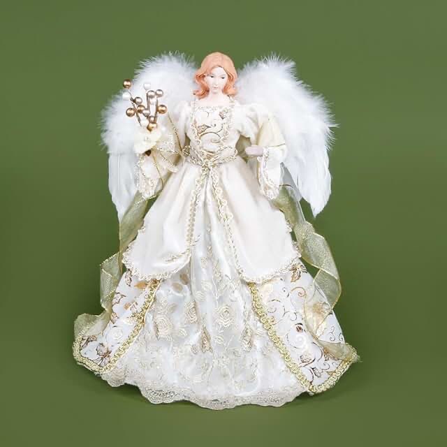Slideep Christmas Angel Tree Topper with Luxury Gold Dress Ruffle Christmas Treetop for Xmas Holiday Ornament 15.7 Inch
