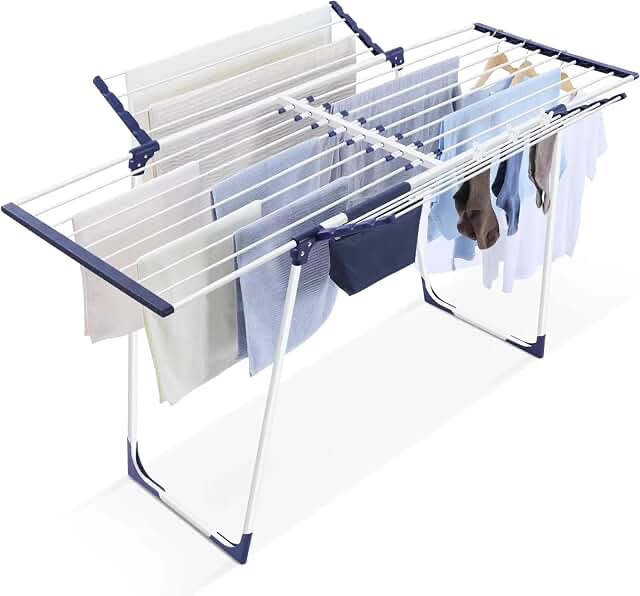 Bigzzia Clothes Drying Rack, Folding 2-Level Laundry Drying Rack, Space-Saving Free-Standing Large Drying Rack, Height-Adjustable Wings with Hooks, Easy to assemable, Grey