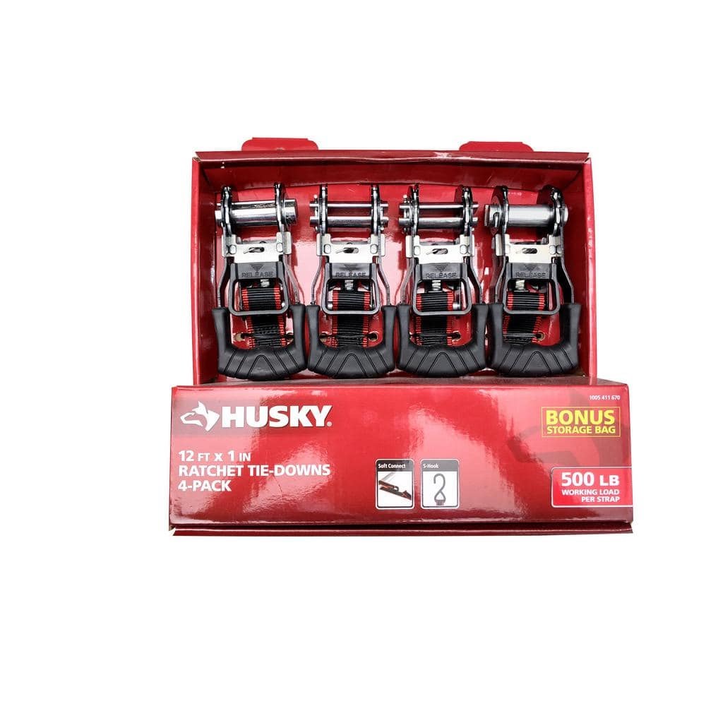 (Case of 6) Husky FH0836 1-1/4 in. x 12 ft. Ratchet Tie-Down (4-Pack)