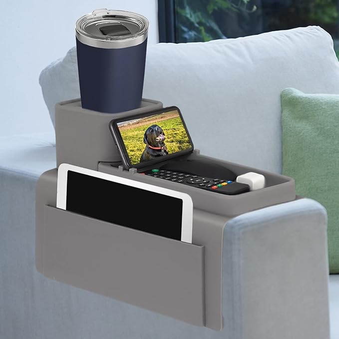 Silicone Couch Cup Holder, VIENFUT Anti-Spill and Anti-Slip Sofa Armrest Tray, Dirt-Resistant Silicone Couch Arm Tray for Remote, Snacks, Cellphone and iPad, Gift for Family, Friend (Gray)(2 pieces)