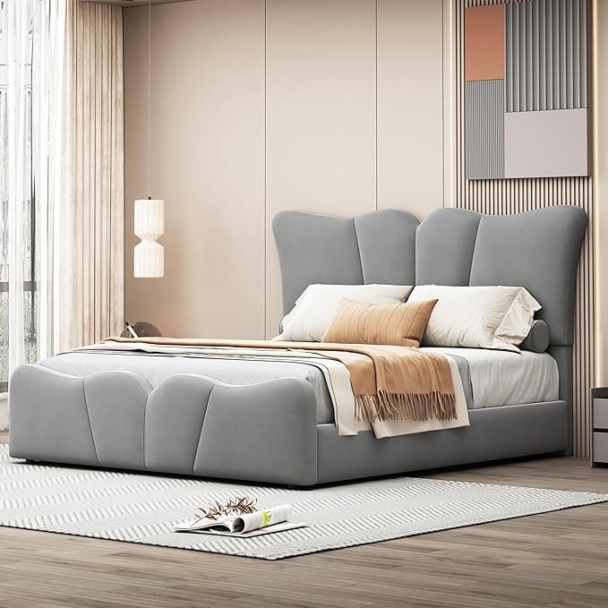 Merax Full Size Upholstered Platform Bed Velvet Upholstered Bed, Gray(Box 1 of 2)