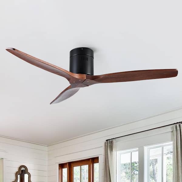 52 in. Low Profile Modern Farmhouse Solid Wood Ceiling Fan with 3 Blades, DC Reversible Motor without Light(white color inside )