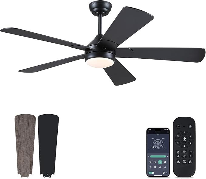 Asyko 51" Low Profile Ceiling Fan, Black Modern Ceiling Fans with Lights and Remote, 5 Dual-Sided Fan Blades and Reversible, Low Profile Ceiling Fan Light for Indoor and Outdoor Covered Patios