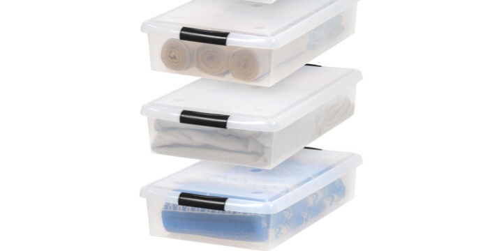 IRIS USA Plastic Under Bed Storage Nestable Organizer Bin Container with Secure Lids and Durable Buckles, 3-Pack, Under Bed Storage Containers for Clothes Shoes Bedding, Black/Clear