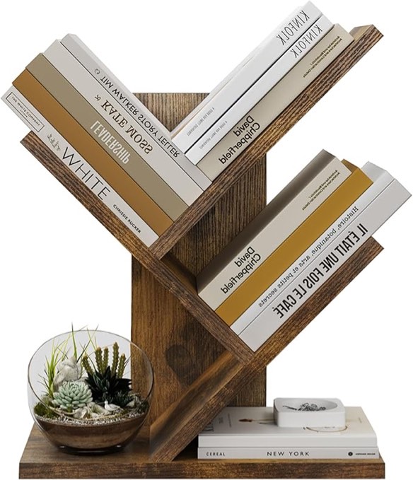 Tajsoon Tree Bookshelf 3 Tier Book Shelves Storage Organizer, Desktop Bookshelf Floor Standing Bookcase Display for Magazine/Books, Small Tree Bookshelf for Bedroom, Living Room Office, Rustic Brown