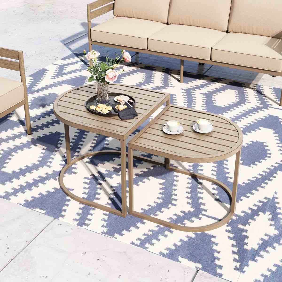 Outdoor Nesting Coffee Tables – Faux Wood Finish, 2-piece Set