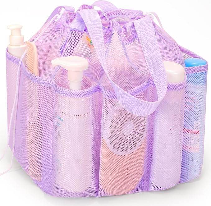 mesh shower caddy portable with drawstring, dorm room essentials for college students girl & boy, larger shower bag for camping,swimming,gym,travel,bathroom - purple