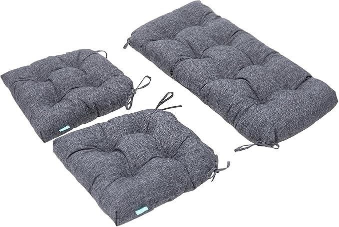 QILLOWAY Outdoor/Indoor Patio Wicker Seat Cushions with Ties Group Loveseat/Two U-Shape Cushions for Patio Furniture,Wicker Loveseat,Bench,Porch,Patio Chair Cushions Set of 3 (Charcoal Grey/Black)(similar to stock photo)