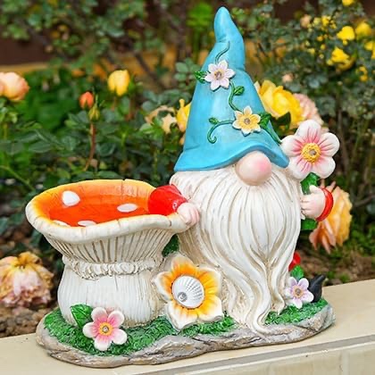 elesculor Gnome Statue with Flower Bouquet & Mushroom Bird Feeder Bath - Solar LED Garden Decor, Outdoor Figurine for Yard, Patio, Fairy Lights - Unique Gift
