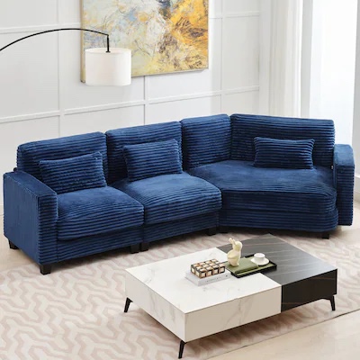 VOUA 4-Seater Corduroy Sofa Set 107.87-in Modern Blue Synthetic 4 -seater Sectional(incomplete arms only)