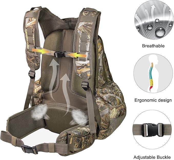 mydays hunting backpack, gear for turkey season, camo hunting bow & rifle holder pack, durable large capacity hunting day pack for outdoor rifle bow gun