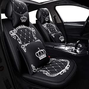 skysep crown full set universal fit 5 seats car surrounded waterproof leather car seat covers protector adjustable removable auto seat cushions with 2 waist pillows 2 headrest pillows (black-white)