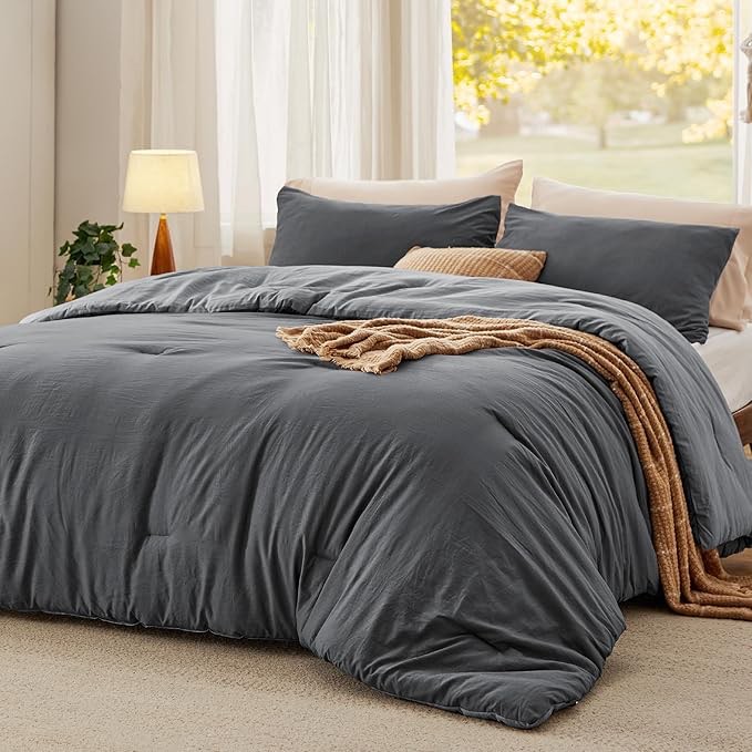 bedsure queen size comforter set, reversible grey soft prewashed bedding for all seasons, 3 pieces warm down alternative bed set, 1 lightweight comforter
